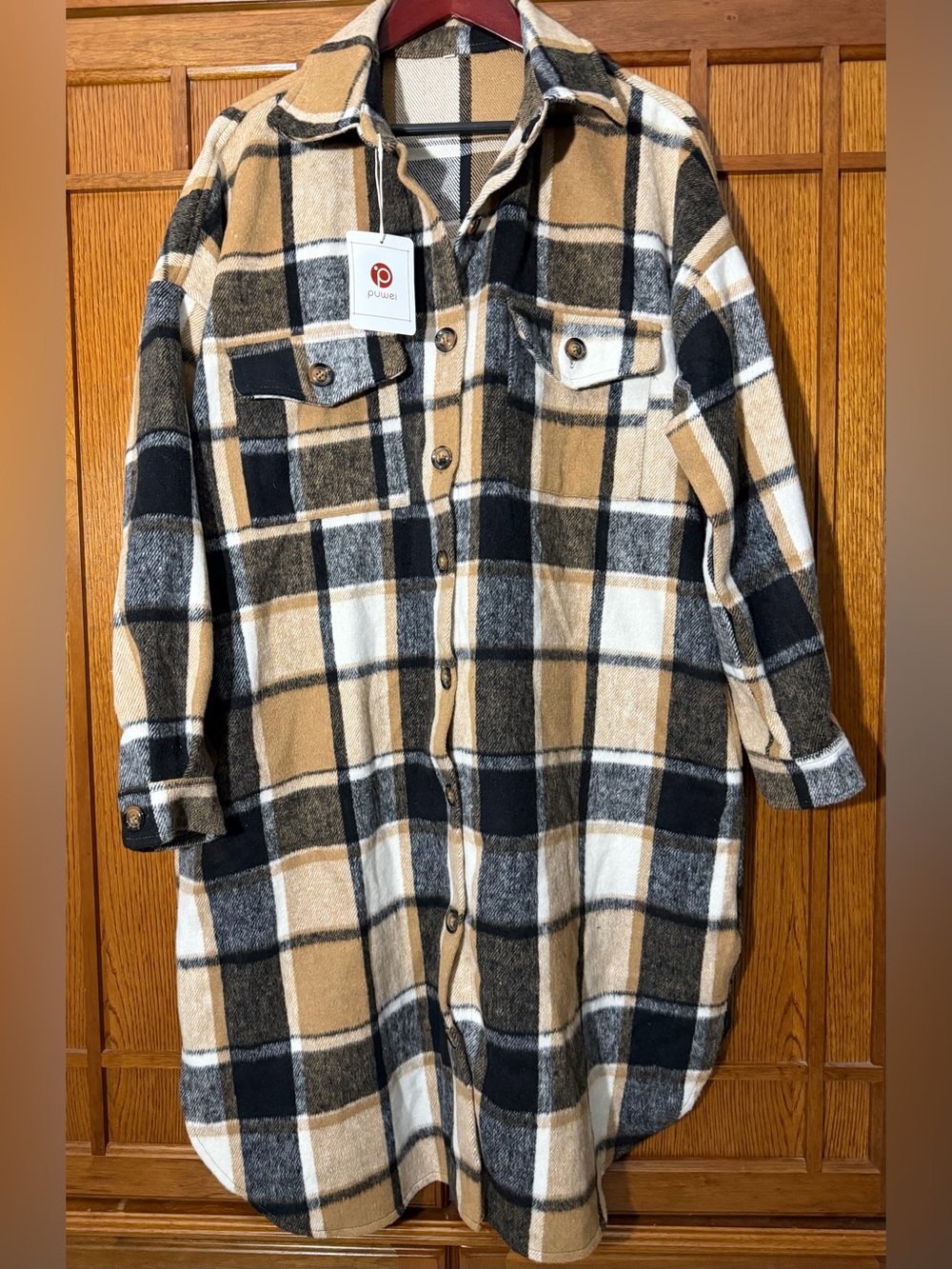 NWT Puwei Long Plaid Flannel Shacket Jacket Coat Oversized CabinCore Cozy Layer